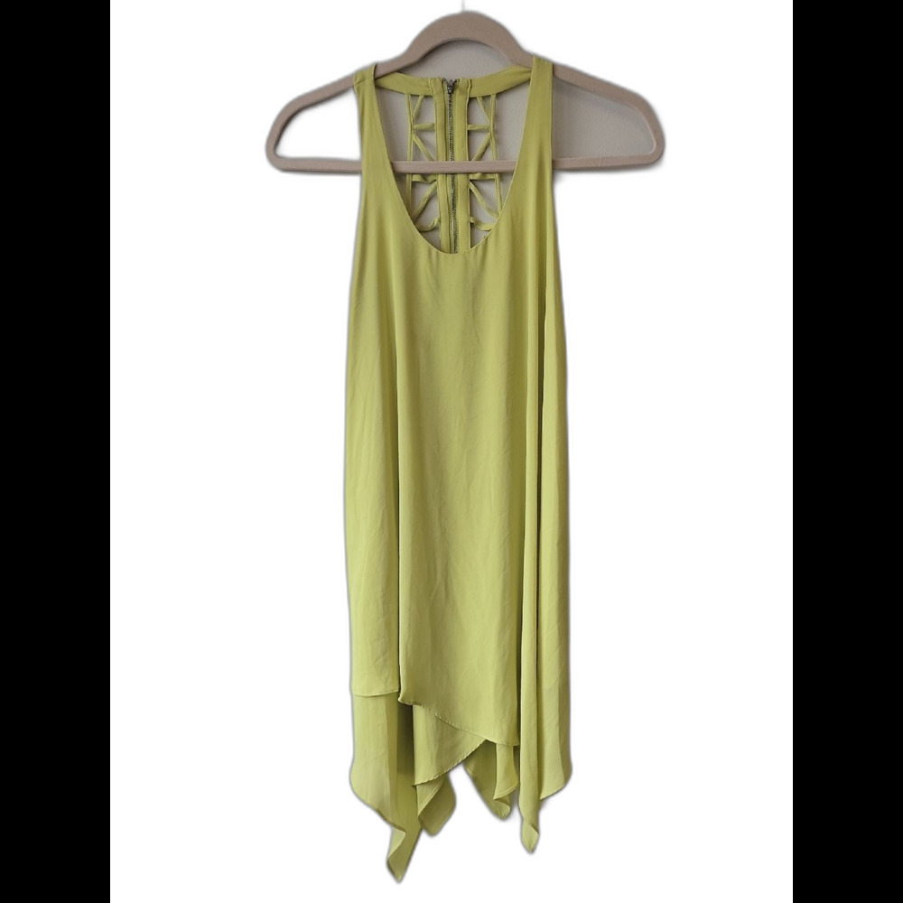 BCBG Chartreuse Asymmetrical Handkerchief-Hem Dress With Open Back Detail